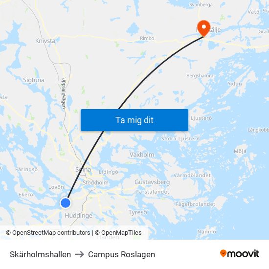 Skärholmshallen to Campus Roslagen map