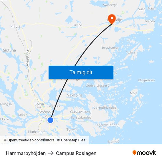 Hammarbyhöjden to Campus Roslagen map