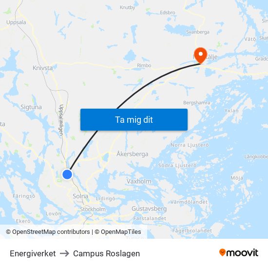 Energiverket to Campus Roslagen map