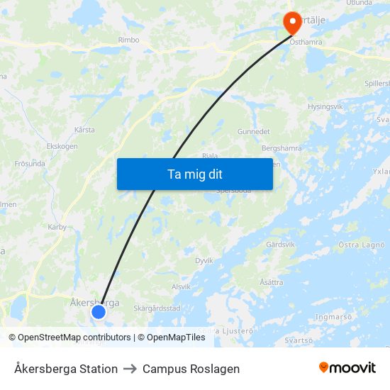 Åkersberga Station to Campus Roslagen map