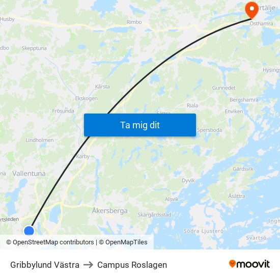 Gribbylund Västra to Campus Roslagen map