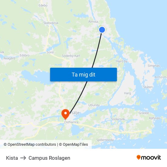 Kista to Campus Roslagen map