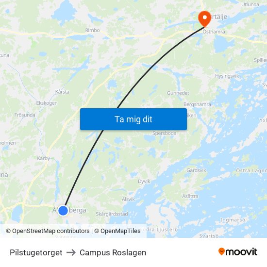 Pilstugetorget to Campus Roslagen map