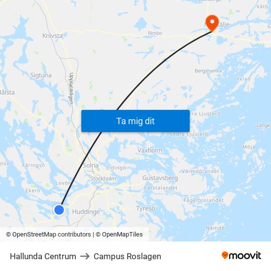 Hallunda Centrum to Campus Roslagen map