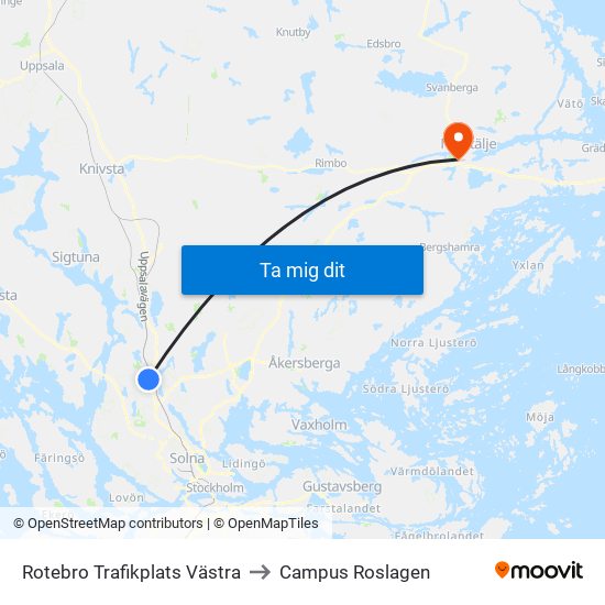 Rotebro Trafikplats Västra to Campus Roslagen map