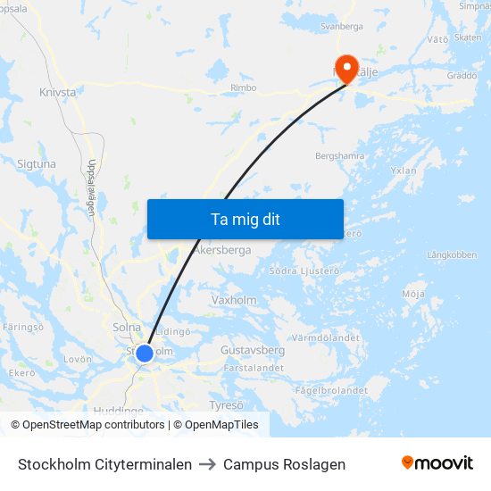 Stockholm Cityterminalen to Campus Roslagen map