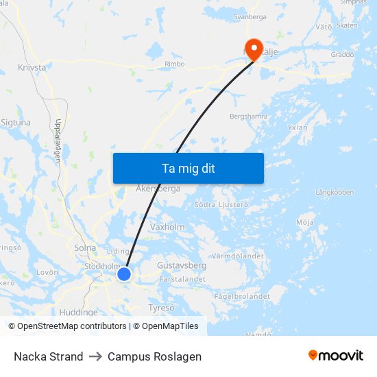 Nacka Strand to Campus Roslagen map