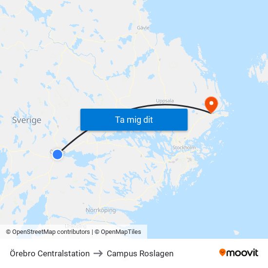 Örebro Centralstation to Campus Roslagen map