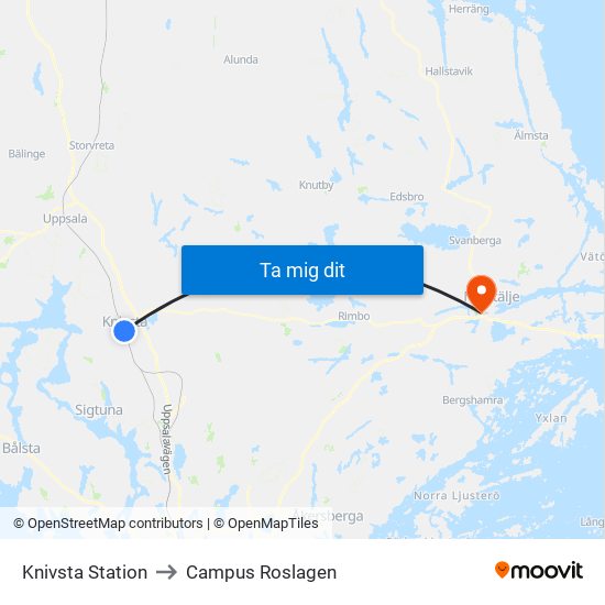 Knivsta Station to Campus Roslagen map