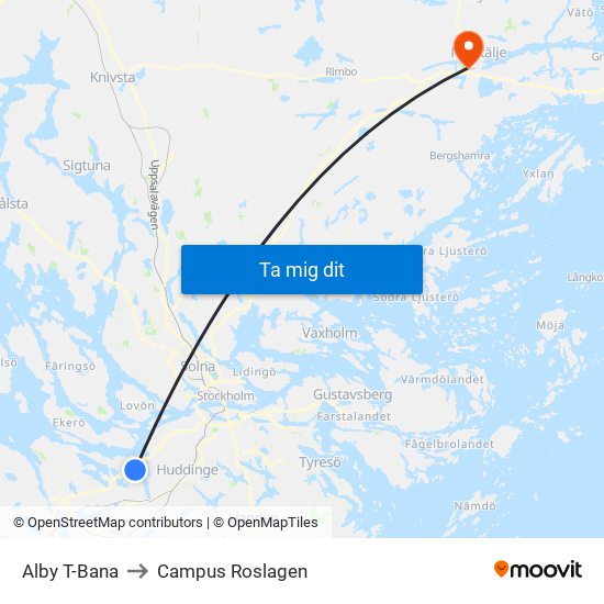 Alby T-Bana to Campus Roslagen map