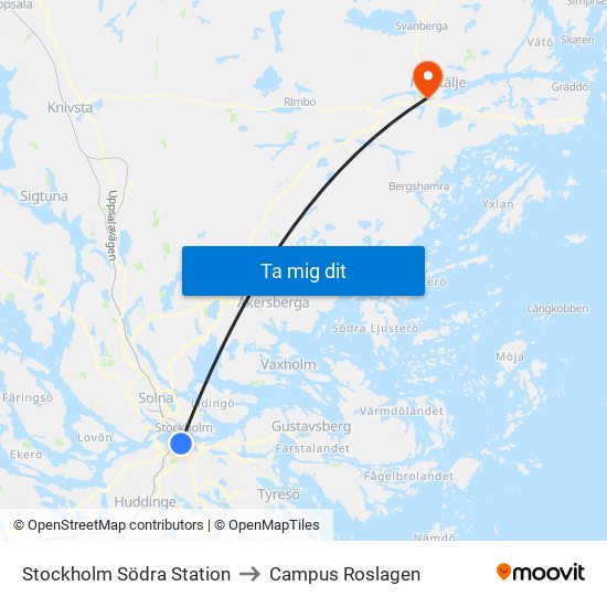 Stockholm Södra Station to Campus Roslagen map