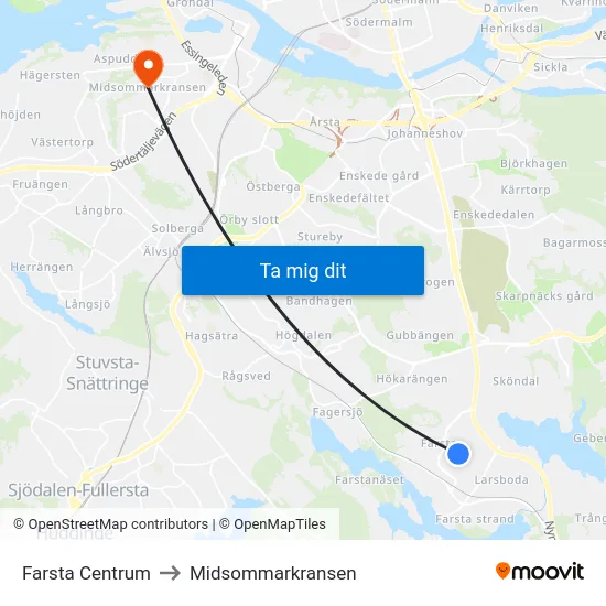 Farsta Centrum to Midsommarkransen map