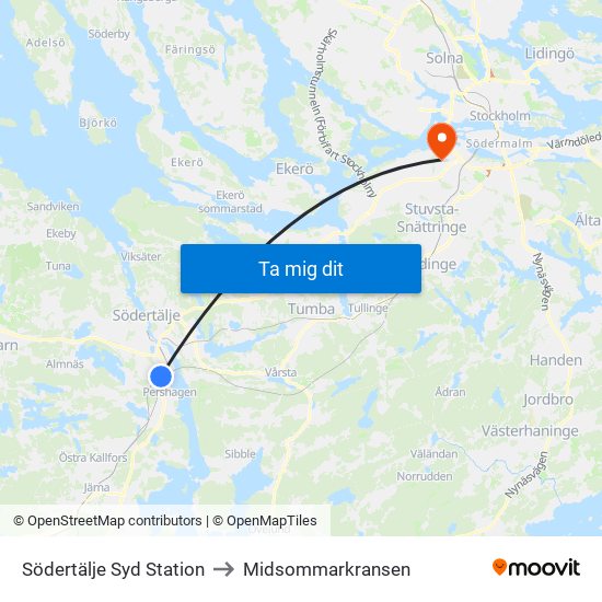 Södertälje Syd Station to Midsommarkransen map