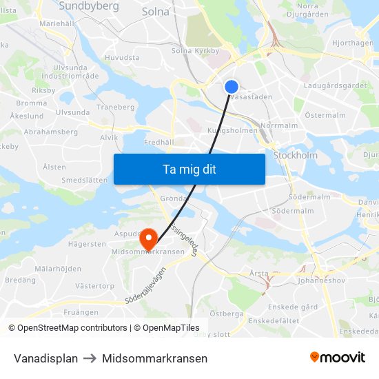 Vanadisplan to Midsommarkransen map