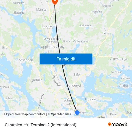Centralen to Terminal 2 (International) map