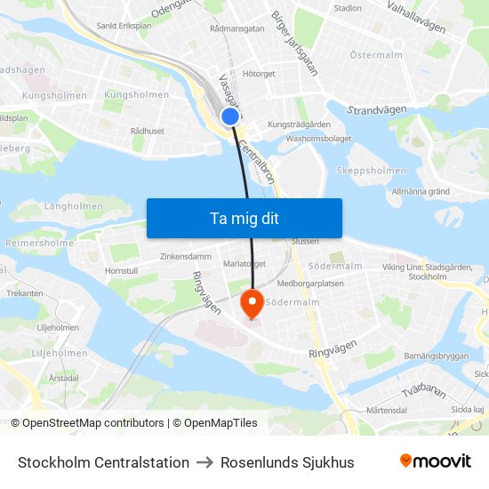 Stockholm Centralstation to Rosenlunds Sjukhus map