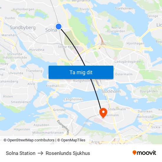 Solna Station to Rosenlunds Sjukhus map