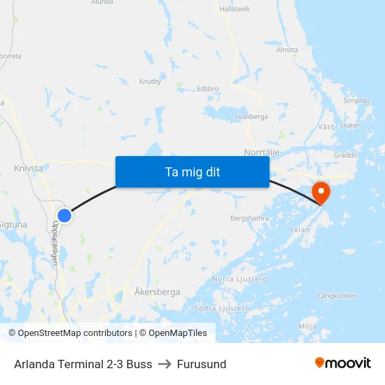 Arlanda Terminal 2-3 Buss to Furusund map