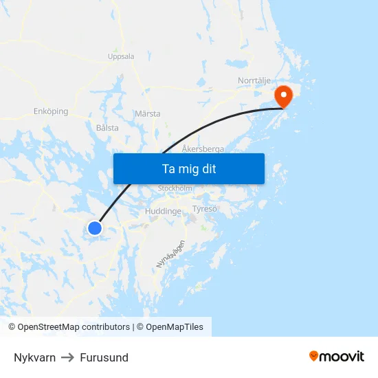 Nykvarn to Furusund map
