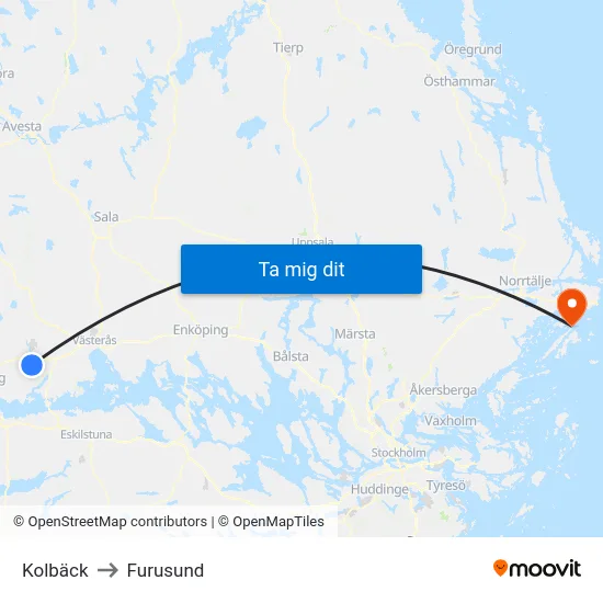 Kolbäck to Furusund map