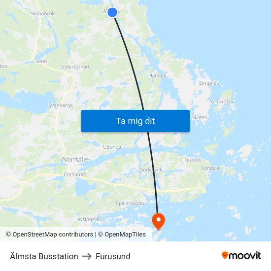Älmsta Busstation to Furusund map