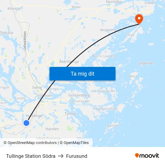 Tullinge Station Södra to Furusund map