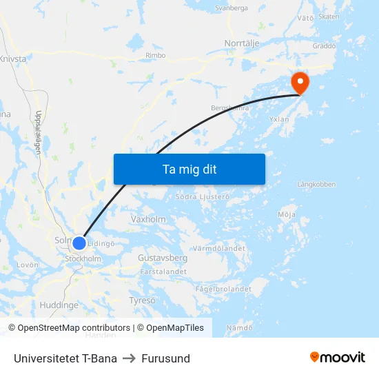 Universitetet T-Bana to Furusund map
