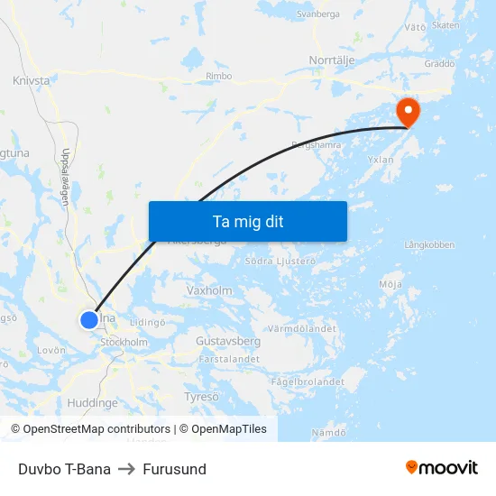Duvbo T-Bana to Furusund map
