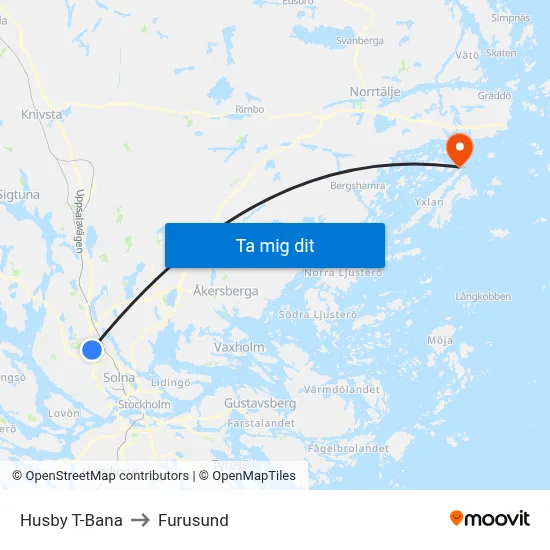 Husby T-Bana to Furusund map