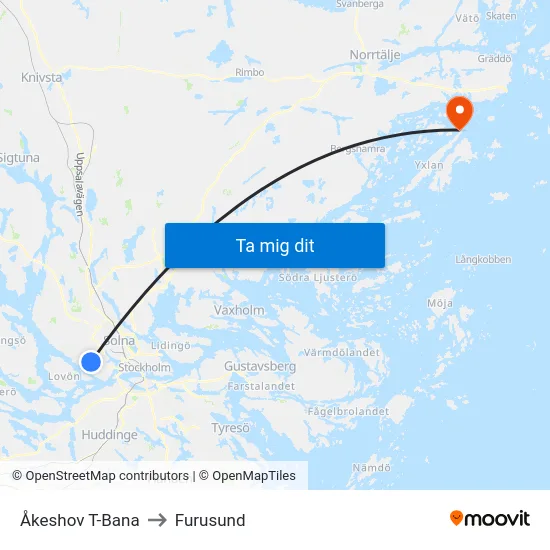 Åkeshov T-Bana to Furusund map