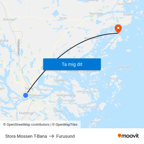 Stora Mossen T-Bana to Furusund map
