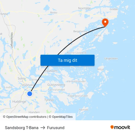 Sandsborg T-Bana to Furusund map