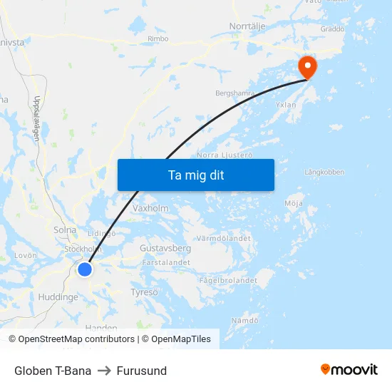 Globen T-Bana to Furusund map