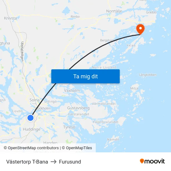Västertorp T-Bana to Furusund map