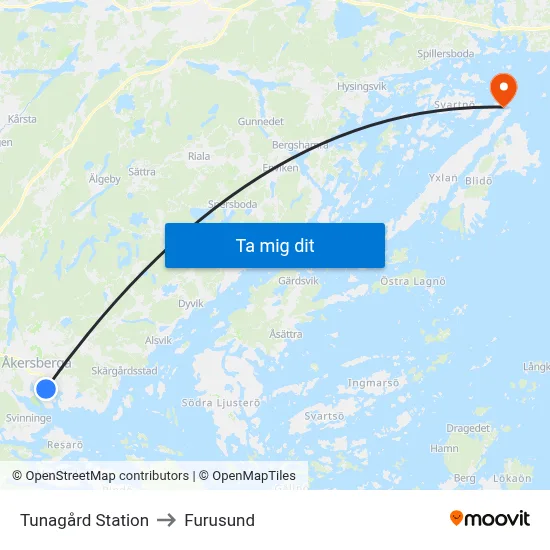 Tunagård Station to Furusund map