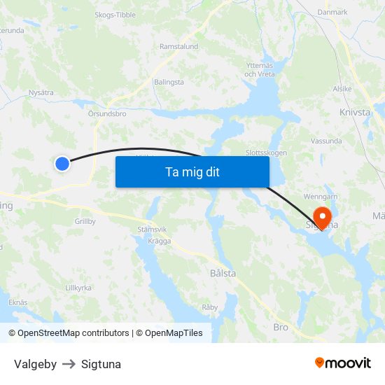 Valgeby to Sigtuna map