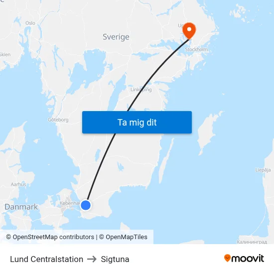 Lund Centralstation to Sigtuna map