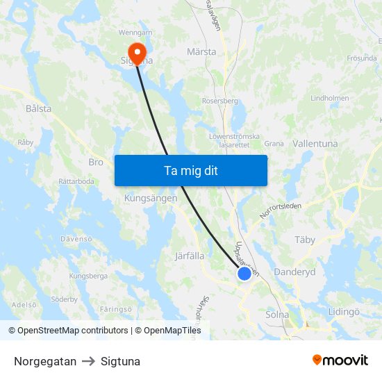 Norgegatan to Sigtuna map