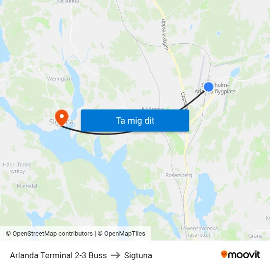 Arlanda Terminal 2-3 Buss to Sigtuna map