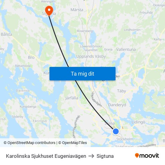 Karolinska Sjukhuset Eugeniavägen to Sigtuna map