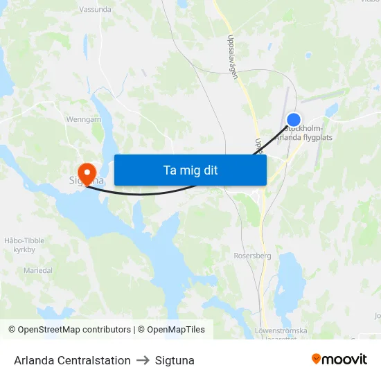 Arlanda Centralstation to Sigtuna map