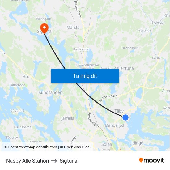 Näsby Allé Station to Sigtuna map