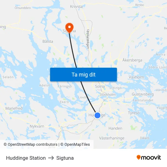 Huddinge Station to Sigtuna map