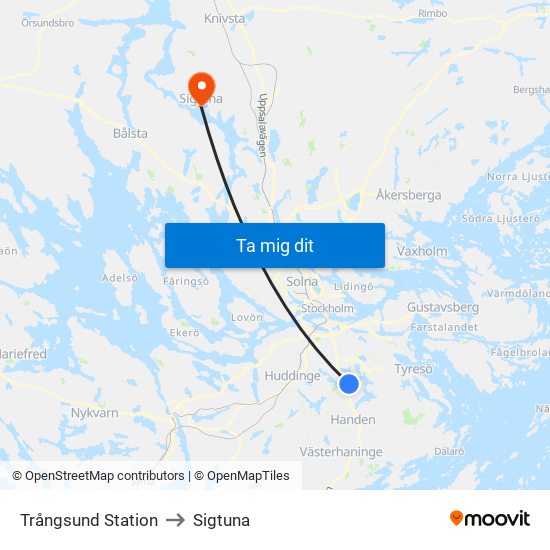 Trångsund Station to Sigtuna map