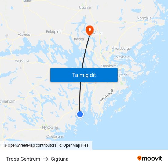 Trosa Centrum to Sigtuna map