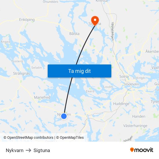 Nykvarn to Sigtuna map