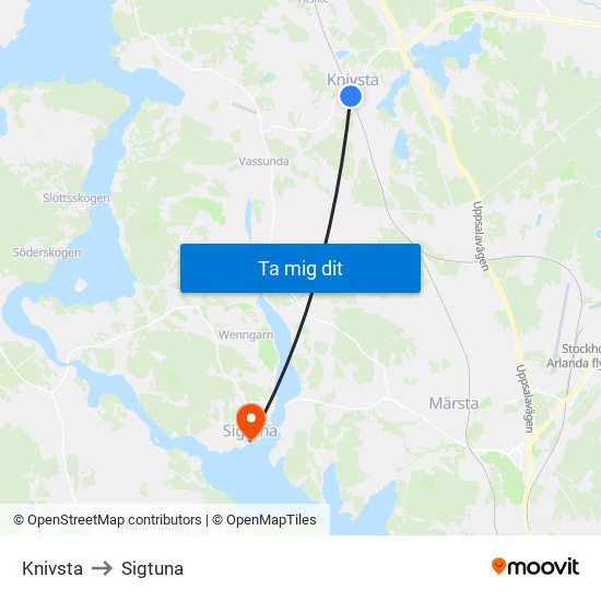 Knivsta to Sigtuna map