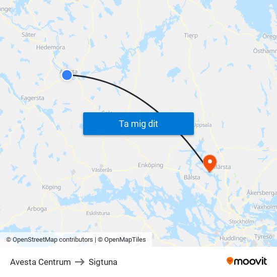 Avesta Centrum to Sigtuna map