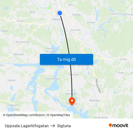 Uppsala Lagerlöfsgatan to Sigtuna map