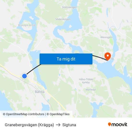 Granebergsvägen (Krägga) to Sigtuna map